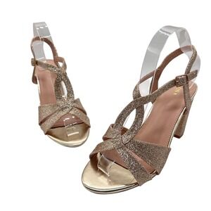 New Allegra K Sandals Women 8 Gold Glitter Heeled Ankle Strap Party Evening Shoe